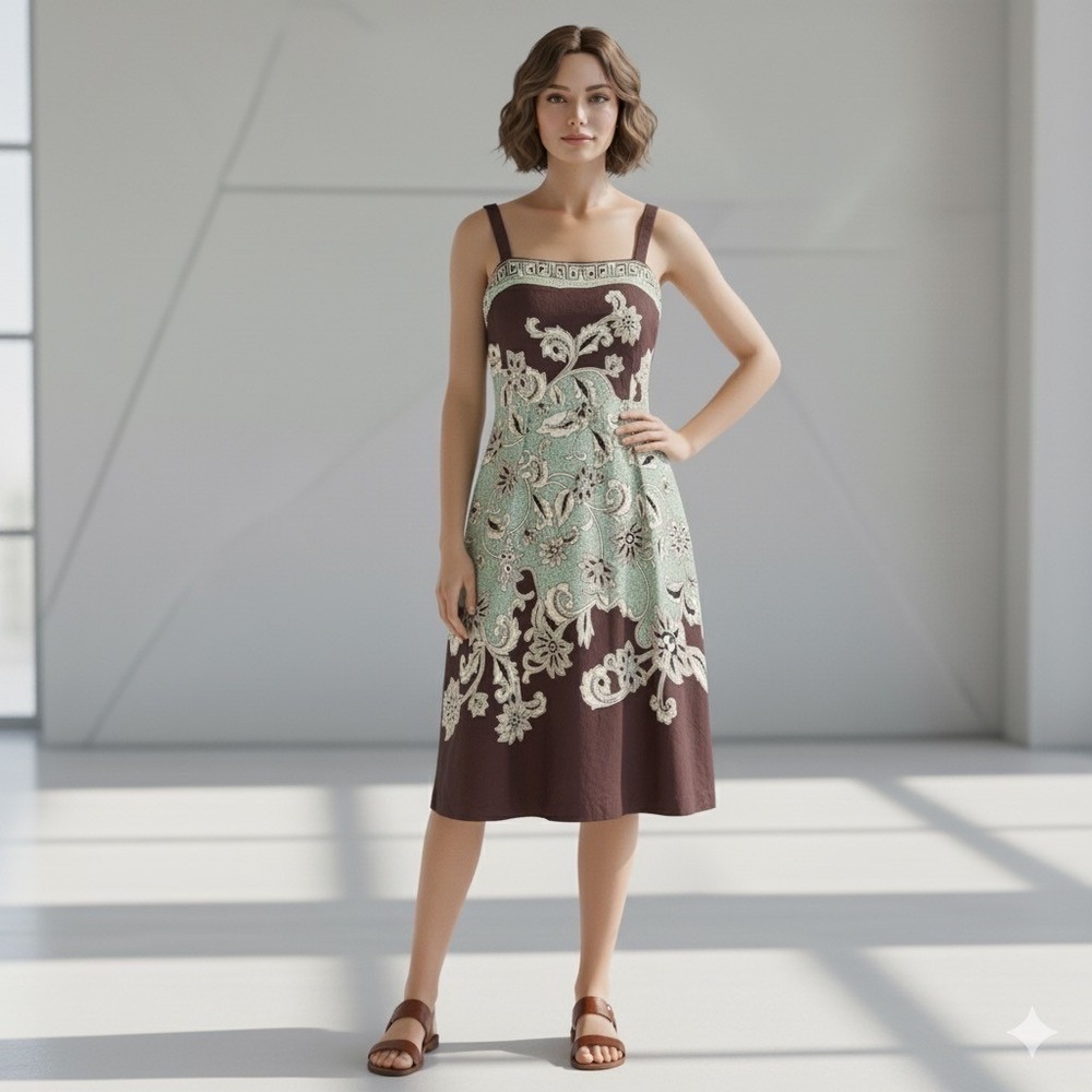 Madison Leigh Womens Size 8 Brown Paisley Dress Floral Midi Casual Boho Cottage